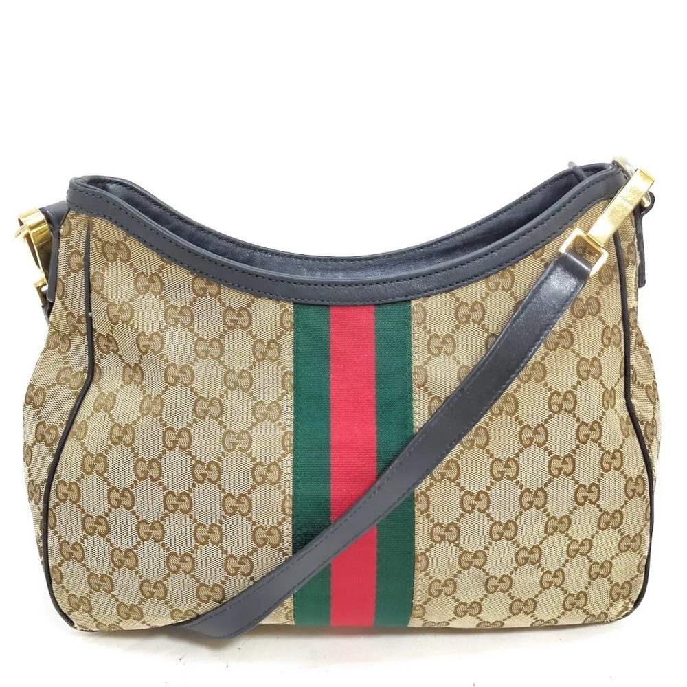 Authentic Gucci Monogram Sherry Web Shoulder Bag Tote Handbag Purse